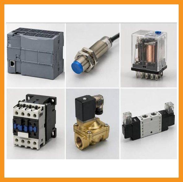 Industrial automation components grid - PLC, sensors, relays, contactors and pneumatic valves supplied by Veltron Trade